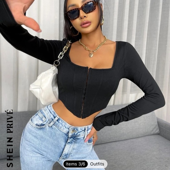 NWOT SHEIN SHEIN Privé Hook And Eye Asymmetrical Hem Crop Tee black small - Picture 4 of 11